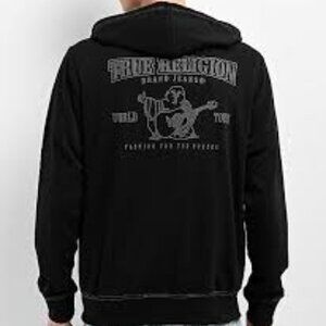 True Religion Vintage Heavy Black Graphic Front Zip Logo Hoodie Size L